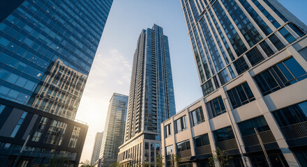Fototapeta premium Modern Skyscrapers illuminated by the golden hour sun, reflecting the vibrant energy of a thriving metropolis