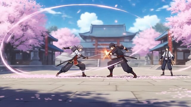 Anime style sword fight in Japanese courtyard with blooming cherry blossoms