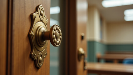 Brass door handle with ornate plate on wooden door in school hallway interior view