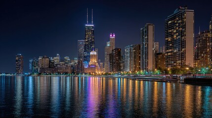 Obraz premium City skyline at night reflecting on water