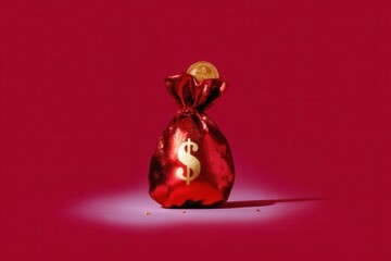 Shiny red bag with dollar sign bitcoin coin on red background