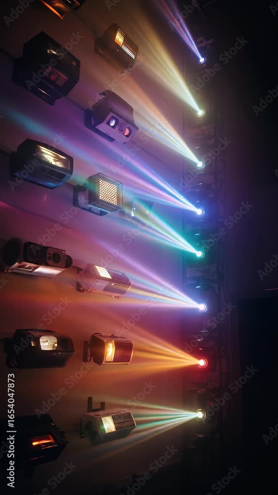 Poster vertical array of multicolored stage lights casting beams