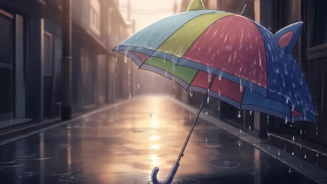 Rainy cityscape features a colorful, cat-eared umbrella on a wet, shiny street