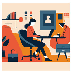 Flat Vector Illustration of Woman Working at Modern Office Desk