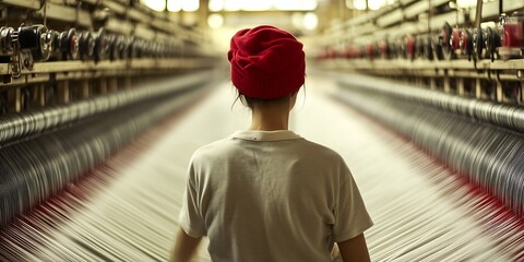 A person with a red headscarf walking through a textile factory