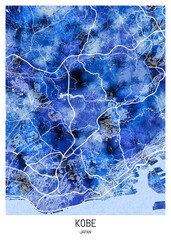 Kobe Japan City Map. city background, abstract city printable, city travel, city banner, modern city, city background, abstract watercolor paint urban background