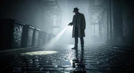 Mysterious investigator silhouette under the cloak, exploring the city's obscure corners with a