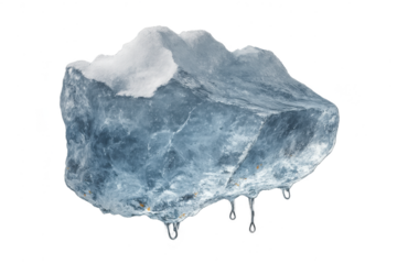 A large, textured block of melting ice with snow on top, isolated on a black background.