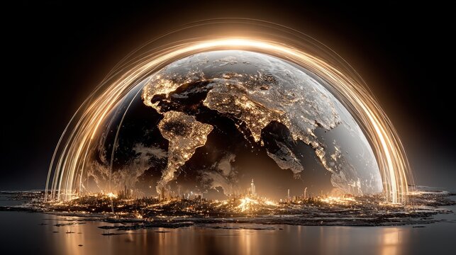 A massive, shimmering sphere of light in a dark space, with thousands of smaller lights representing global talent being drawn into it from all directions, global talent pool concept