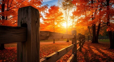 Rustic Brown Wooden Fence and Glowing Fall Foliage