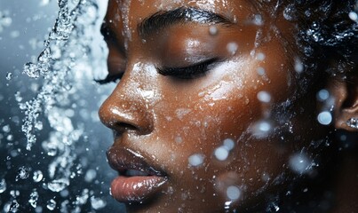 Black woman spraying mist on her face, with water splashing over her face and hair. The profile image emphasizes refreshment and rejuvenation, ideal for beauty product ads, Generative AI