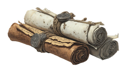Stacked antique scrolls, bound with twine and seals