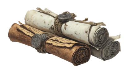 Stacked antique scrolls, bound with twine and seals