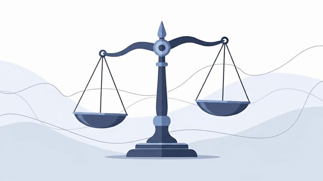Illustration of balance scales with pans hanging, blue tones on white backdrop