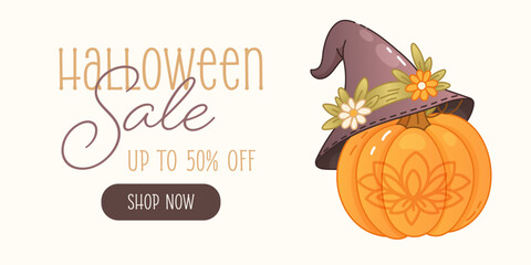 Halloween sale banner with floral witch hat pumpkin