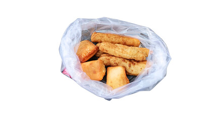 Asian street cakes neatly packed in transparent plastic bags, shown on a clear background. Ideal for digital food displays, packaging visuals, menu illustrations, and product mockups