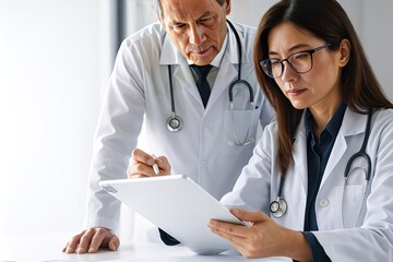 Medical Collaboration and Clinical Diagnosis Concept &ndash; Two Doctors Reviewing Patient Data on Digital Tablet