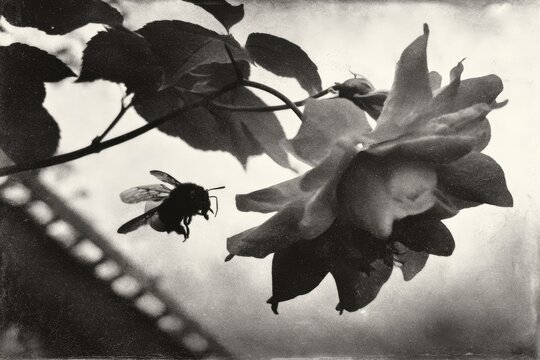 Black and white photo of a bee near a rose - Powered by Adobe