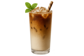 A refreshing iced latte with mint leaves and a striped wafer roll.