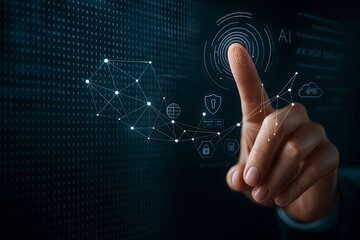 Artificial Intelligence and Digital Interaction Concept – Finger Touching Virtual Interface with AI, Cloud, and Security Icons