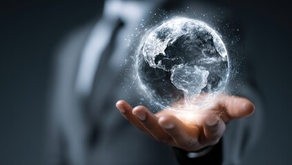 A person's hand holding a digital representation of Earth