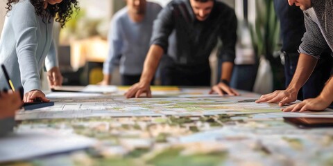 Fototapeta premium Diverse team collaborating on a large map planning project in a modern office setting