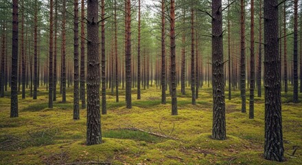 Obraz premium Serene sylvan scene a tranquil dense forest with straight trees and vibrant moss ground creating a