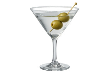 A classic gin martini with two green olives on a pick and a perfectly salted rim.