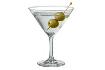 A classic gin martini with two green olives on a pick and a perfectly salted rim.