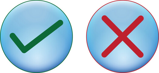 Green check mark and red cross icons set, approval and cancel symbols in circle and square, checklist signs, flat tick and cross badges isolated