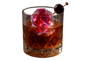 Artfully crafted deep red cocktail with a custom ice cube and elegant garnish.