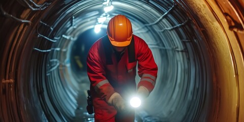 Construction worker with flashlight inspecting a tunnel construction site