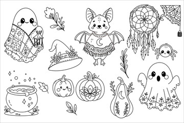 Fototapeta premium Boho halloween coloring sheet with ghost bat pumpkin and more