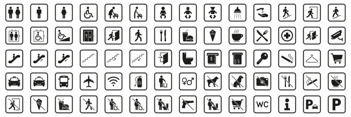 Public Facility And Service Icons Solid Icon Set. Comprehensive Collection Of Symbols For Accessibility, Transportation, Dining and Safety Silhouette Symbol Collection. Isolated Vector Illustration