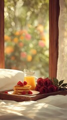 Breakfast In Bed With Pancakes And Orange Juice, Roses, Garden View