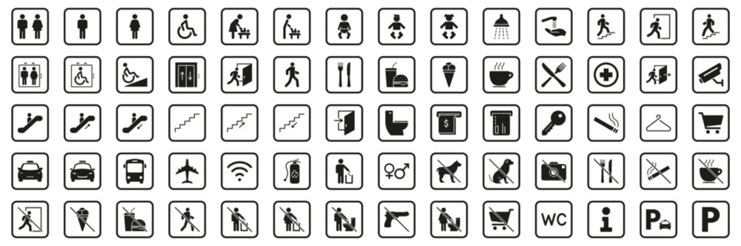 Public Facility And Service Icons Solid Icon Set. Comprehensive Collection Of Symbols For Accessibility, Transportation, Dining and Safety Silhouette Symbol Collection. Isolated Vector Illustration