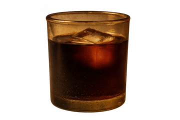 Close-up of a refreshing dark beverage with ice in a golden-toned glass.