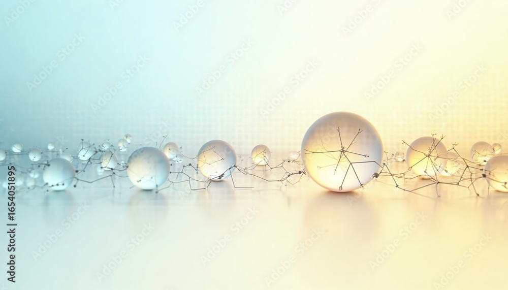 Poster abstract illustration shows interconnected spheres, lines in minimalist style. gradient background f