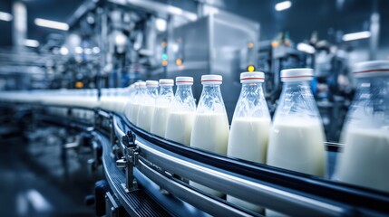 Milk Bottles Moving On Conveyor Belt In Modern Dairy Factory