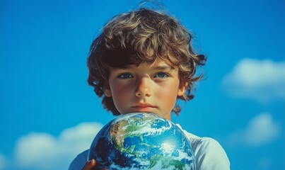 child holding an Earth globe, set against an azure blue background, symbolizing global awareness and environmental consciousness. This image conveys a message of sustainability, Generative AI
