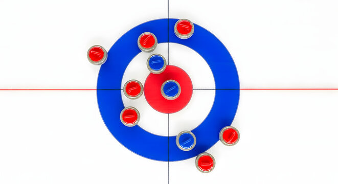 Strategic placement of red and blue curling stones in the house during a competitive winter sports match, viewed from above
