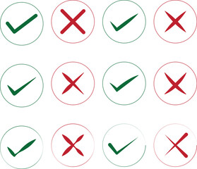 Tick and cross check mark vector icons, yes and no choice symbols, or right and wrong,Set green approval check mark and red cross icons in circle and squar with transparent background.