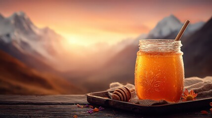Honey Jar On Wooden Tray At Sunset Mountain Scenery