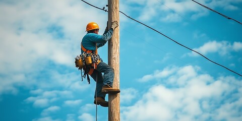 Lineman worker climbing utility pole for maintenance and repairs outdoors