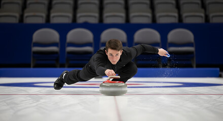 Fototapeta premium Curler pushing a stone on ice during a game of curling, focused athlete in action, winter sport excitement