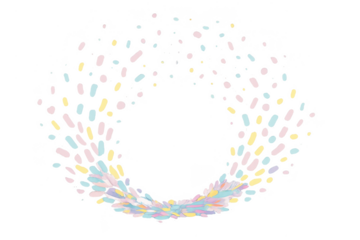 Colorful abstract design with pastel confetti shapes on a dark background.