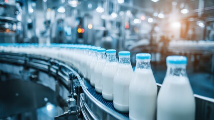 Milk Bottles On Automated Production Line In Modern Dairy Factory