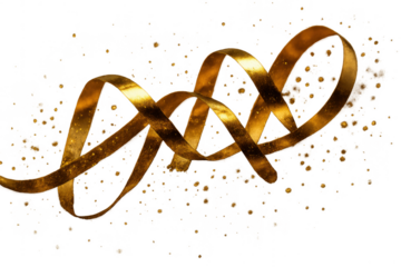 Elegant golden DNA-like ribbon abstract with dynamic red and gold splatter art.