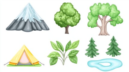 Hand-drawn Nature Elements: Mountain, Trees, Tent, and Lake in a Cartoon Style Illustration