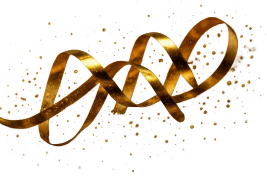 Elegant golden DNA-like ribbon abstract with dynamic red and gold splatter art.